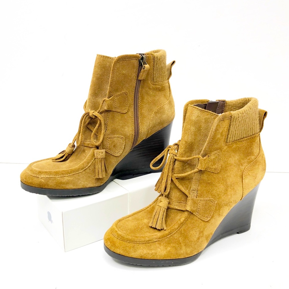 Franco Sarto tan suede wedge ankle boots